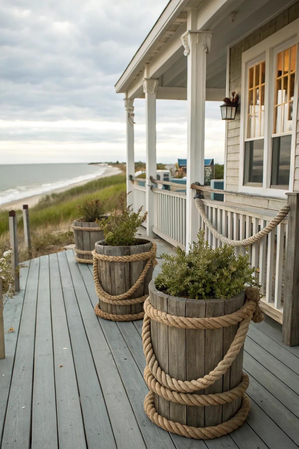 Nautical rope accents add texture and a maritime touch.