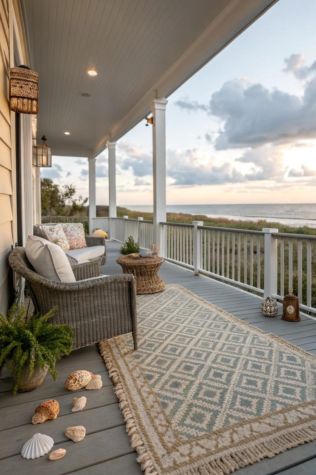 A textured rug adds warmth and anchors your porch design.