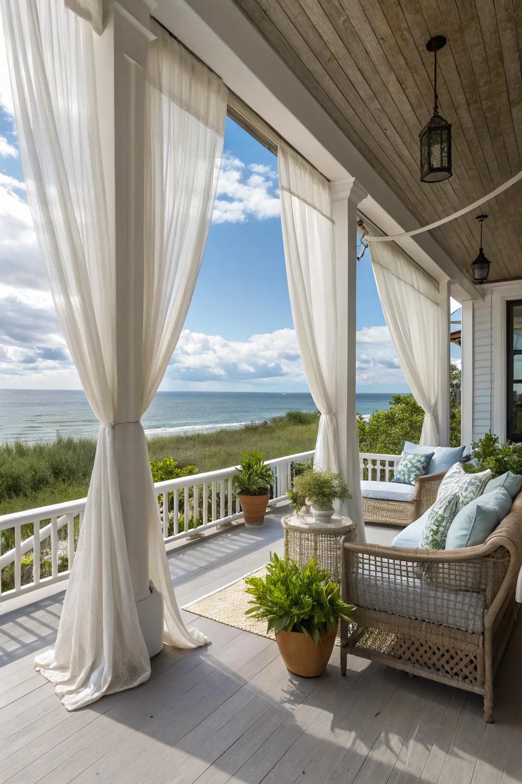 Outdoor curtains offer privacy and a soft, airy feel.
