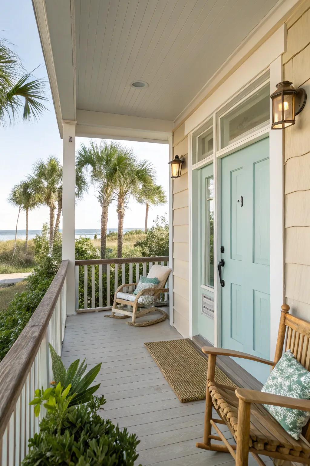 Coastal colors create a soothing and fresh porch atmosphere.