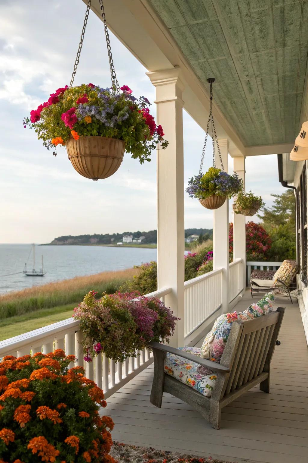 Hanging baskets bring vibrant color and movement to your porch.