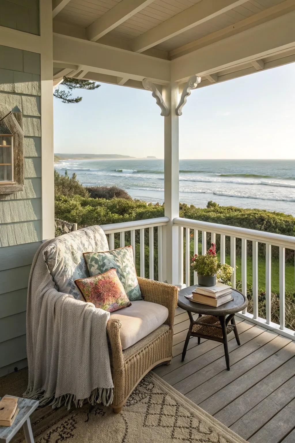 A reading nook offers a cozy escape on your coastal porch.