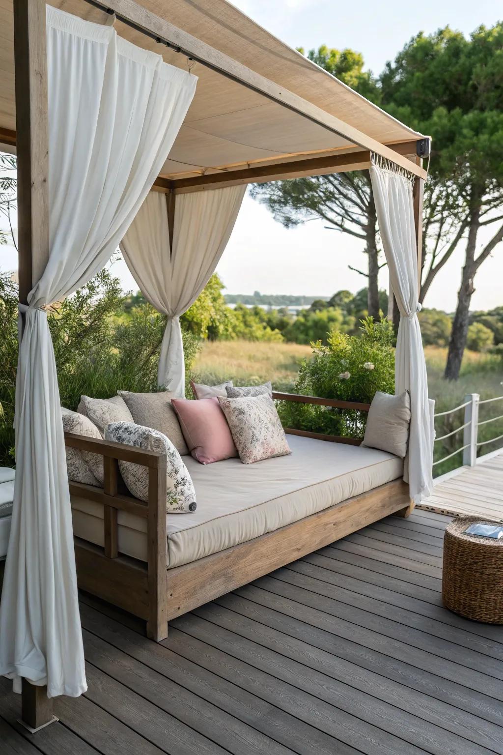 Covered daybeds offer luxurious relaxation in shaded comfort.