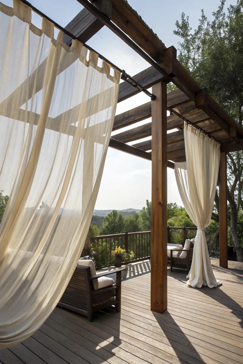 Outdoor curtains offer shade and an elegant, private atmosphere.