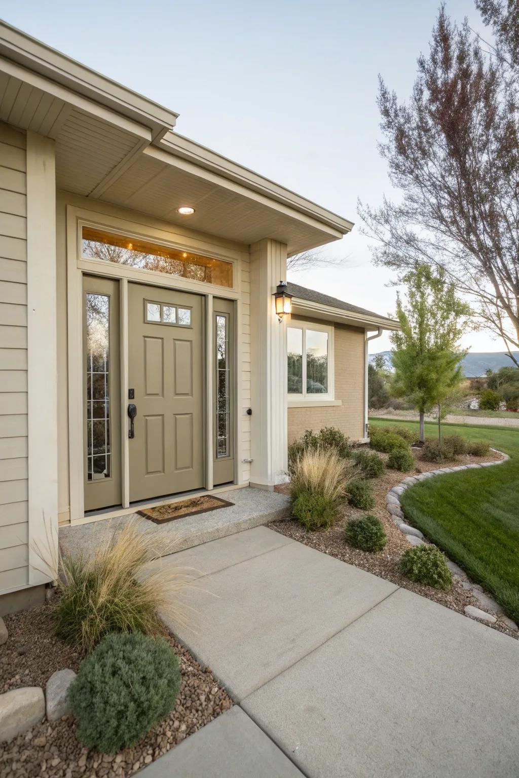 Taupe doors with sidelights offer a timeless and neutral aesthetic.