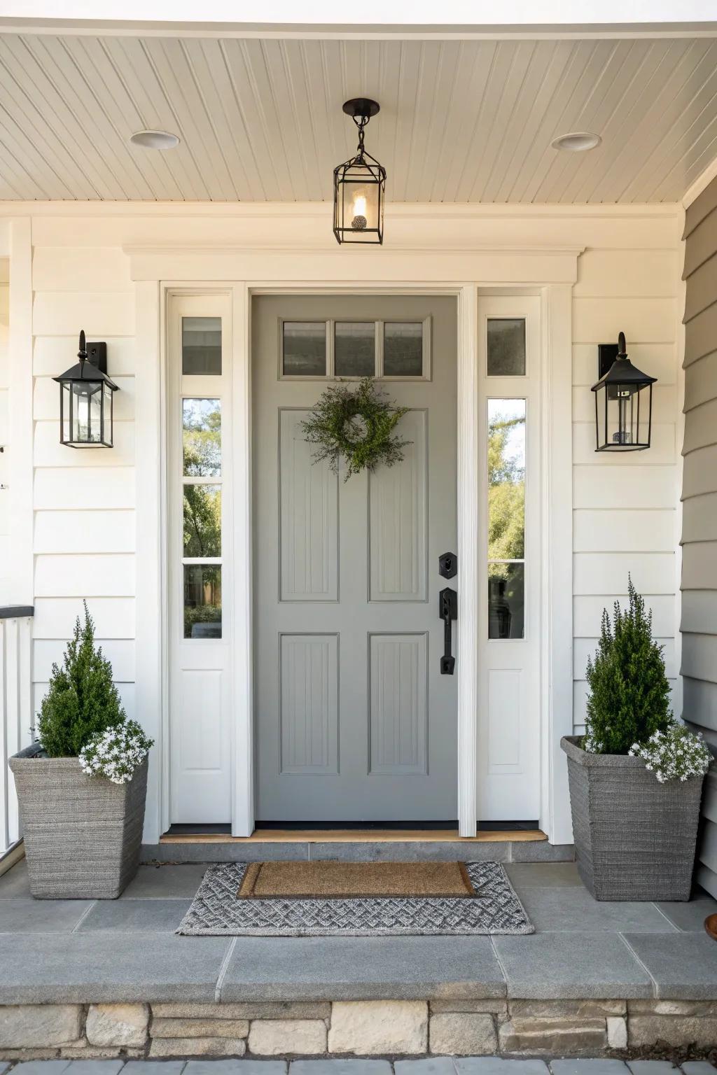 A gray front door with sidelights offers modern elegance with subtlety.