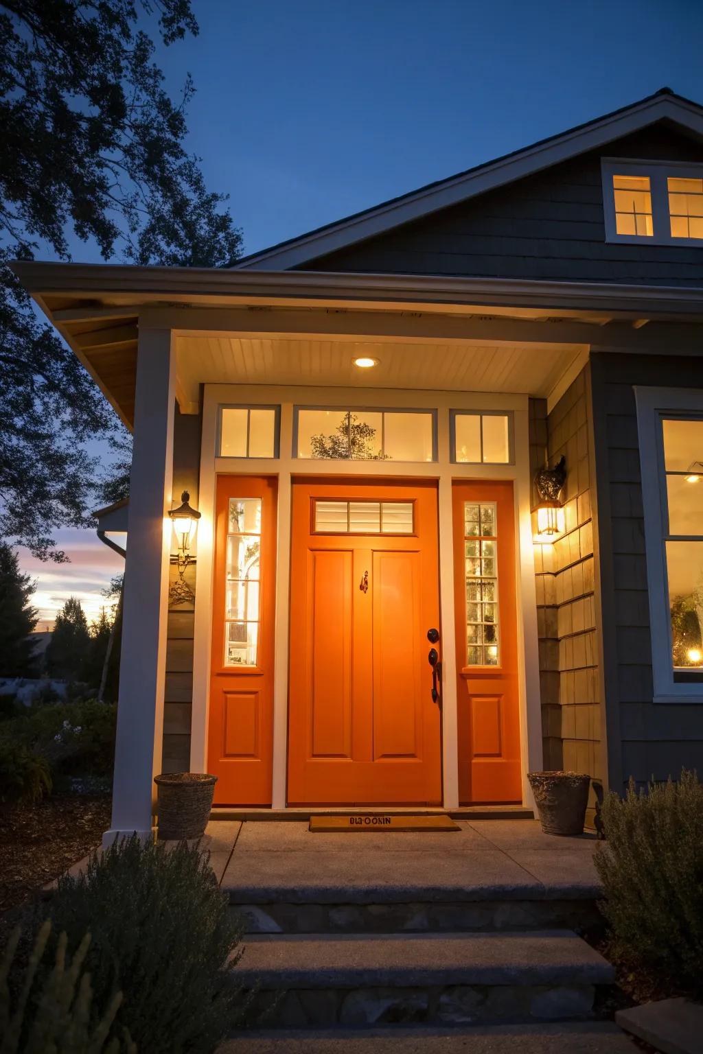 Sunset orange doors with sidelights radiate vibrant energy and warmth.