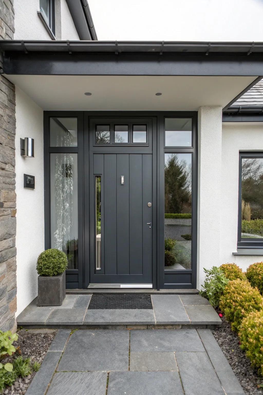 A charcoal front door with sidelights adds modern drama and intrigue.