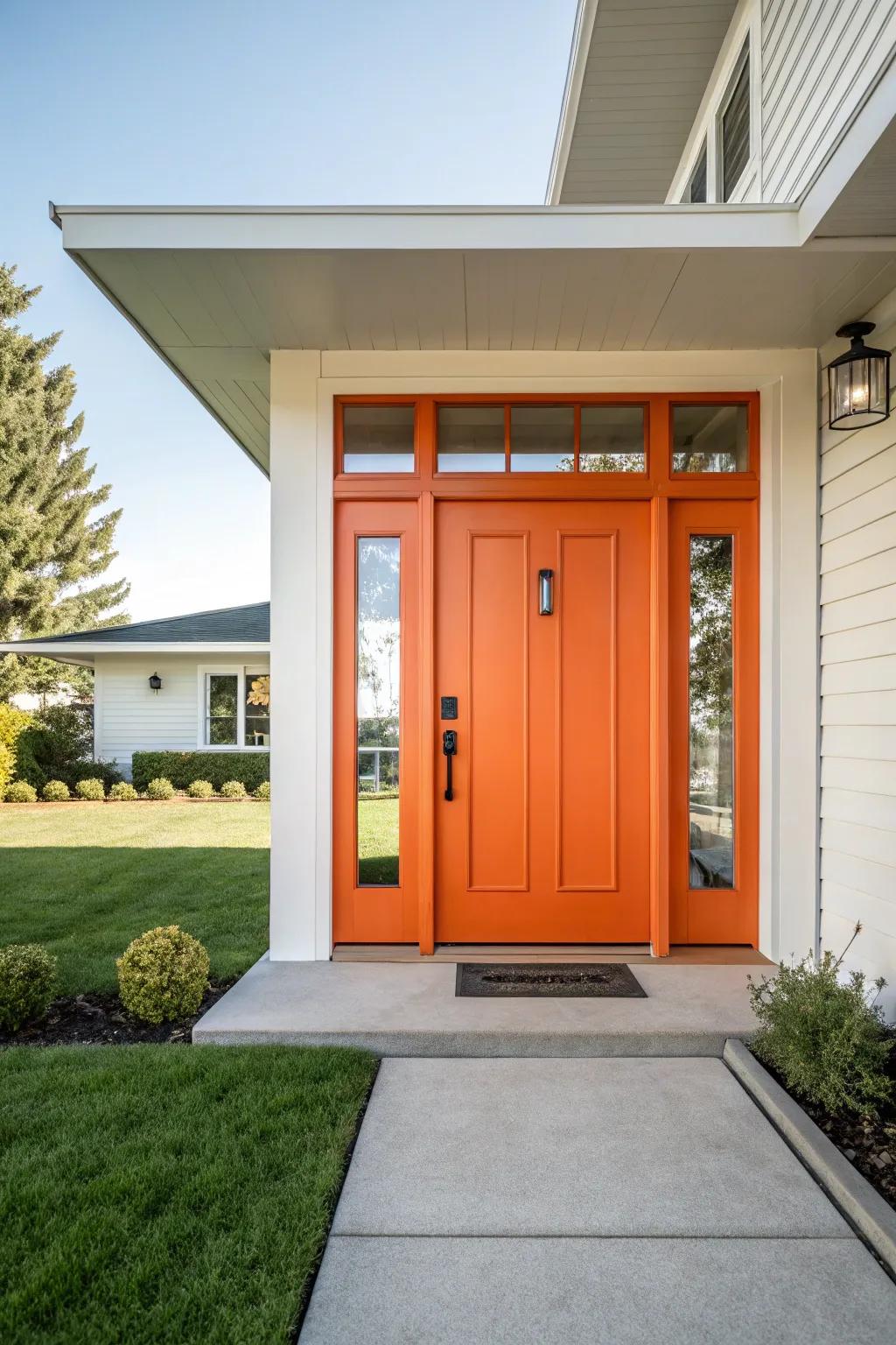 An orange front door with sidelights makes a bold, unforgettable statement.