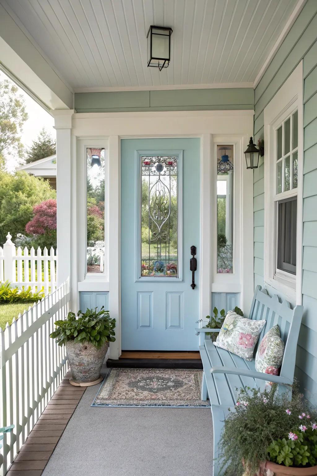 Pastel front doors with sidelights create a whimsical, inviting entrance.