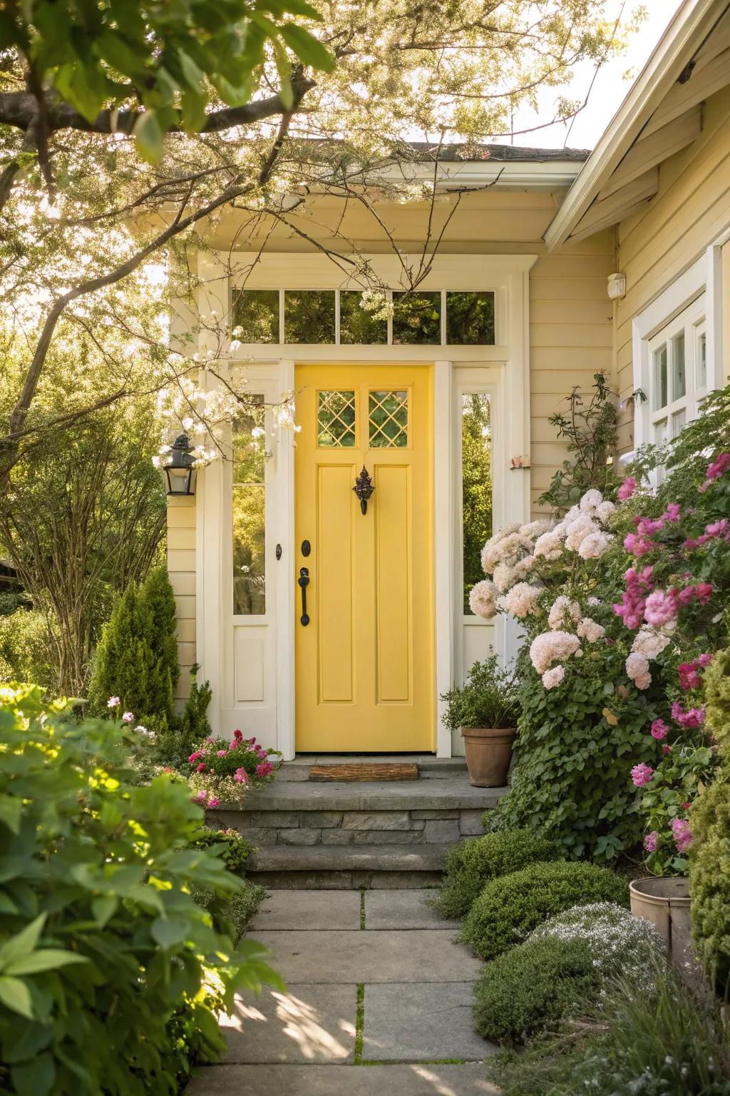 A yellow front door with sidelights radiates warmth and joy.