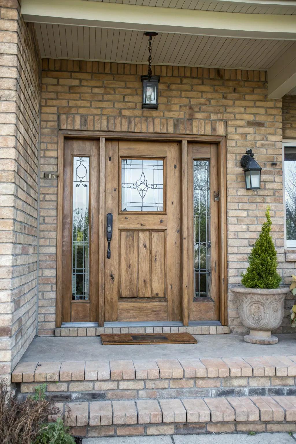 A wood-textured front door with sidelights offers rustic charm.