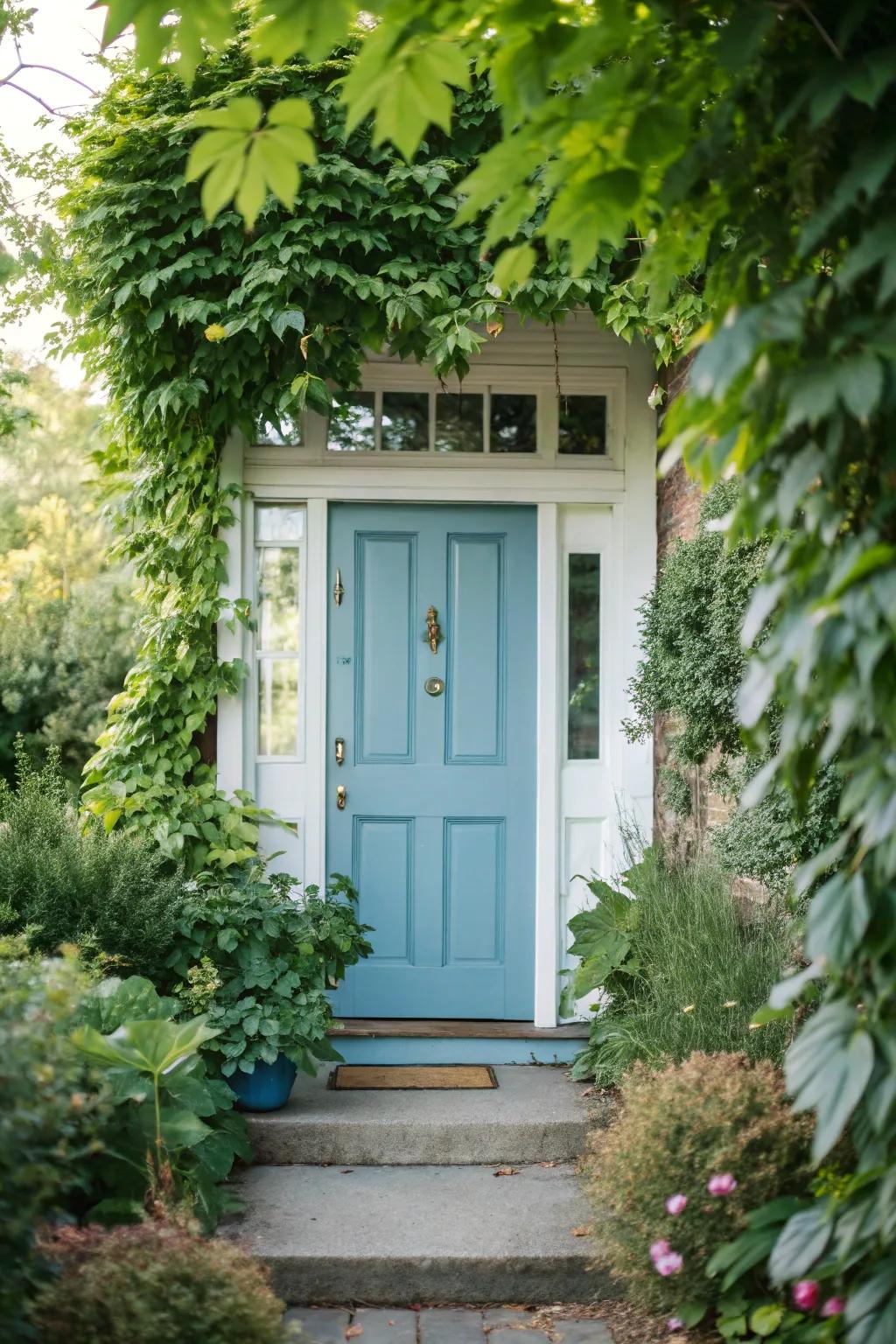 A blue front door with sidelights invites a sense of calm and tranquility.