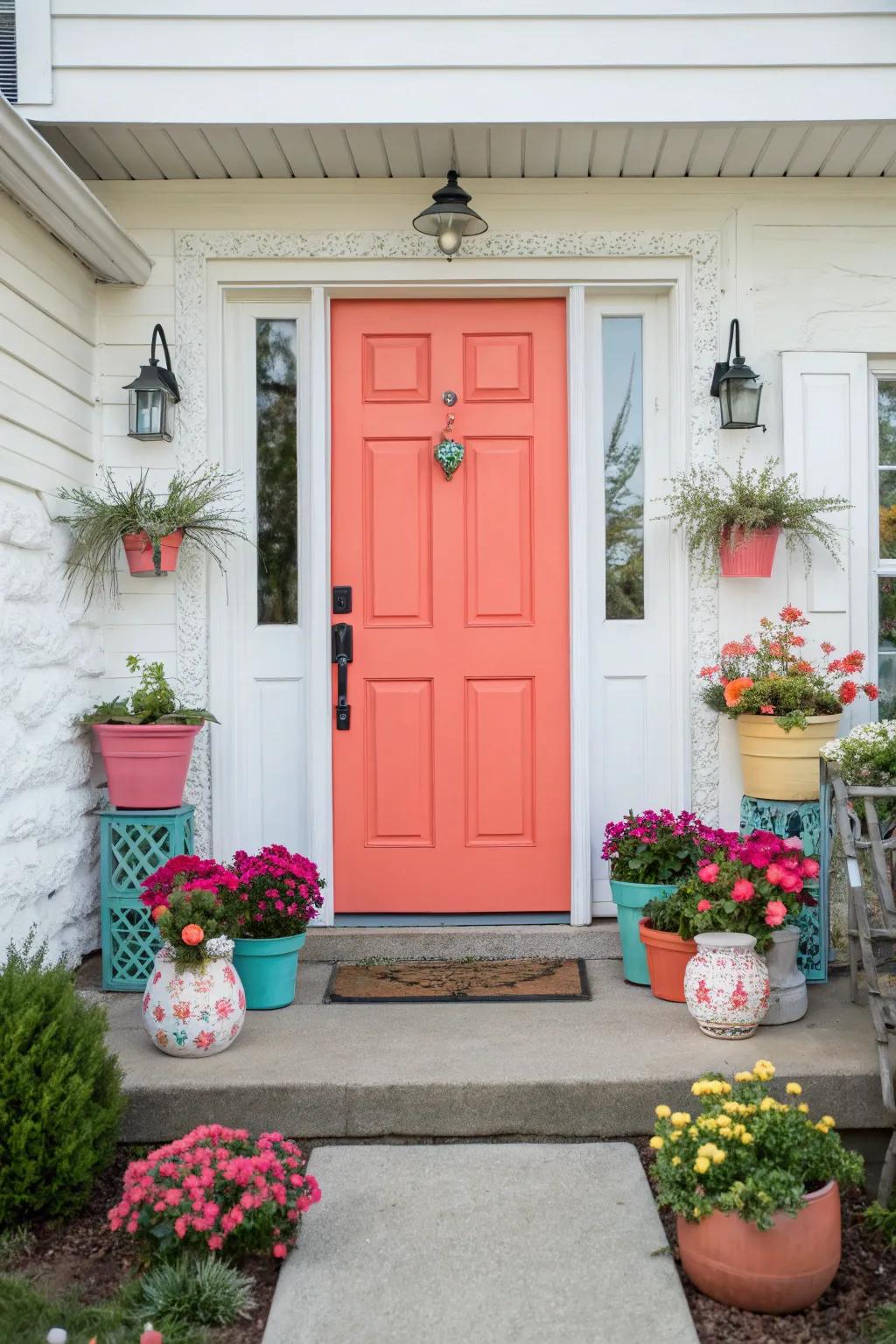 Coral doors with sidelights bring a fun and energetic vibe to your home.