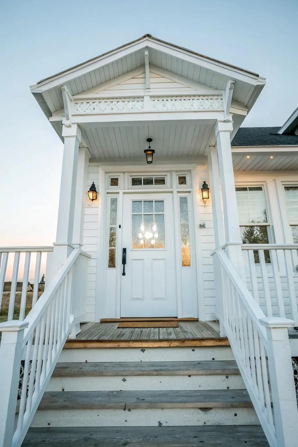 A white front door with sidelights embodies timeless simplicity.