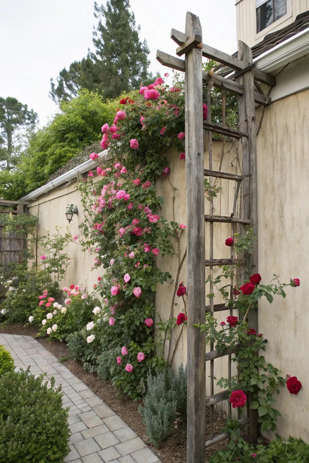 A wooden trellis providing elegant support for climbing roses.