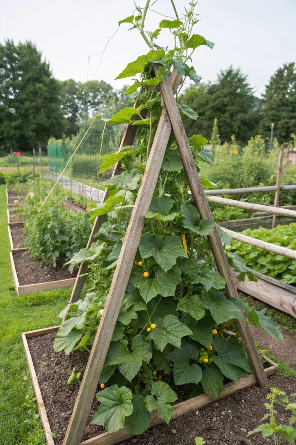 An A-frame support structure perfect for growing cucumbers.