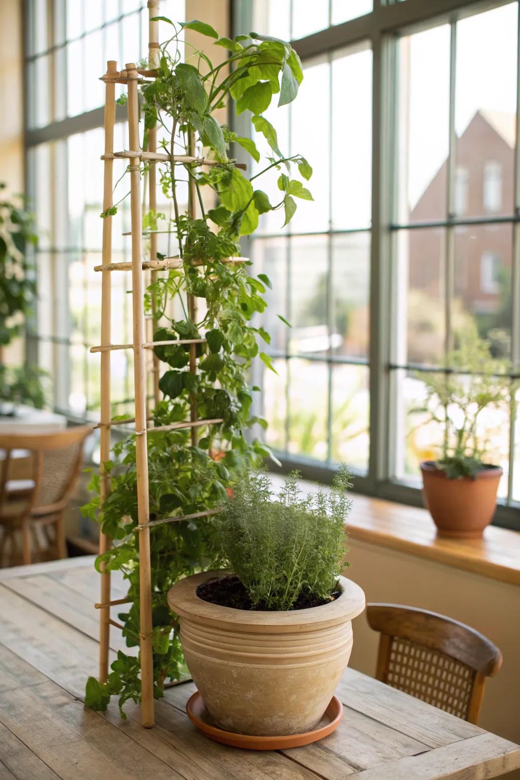 Potted supports keeping indoor herbs tidy and flourishing.