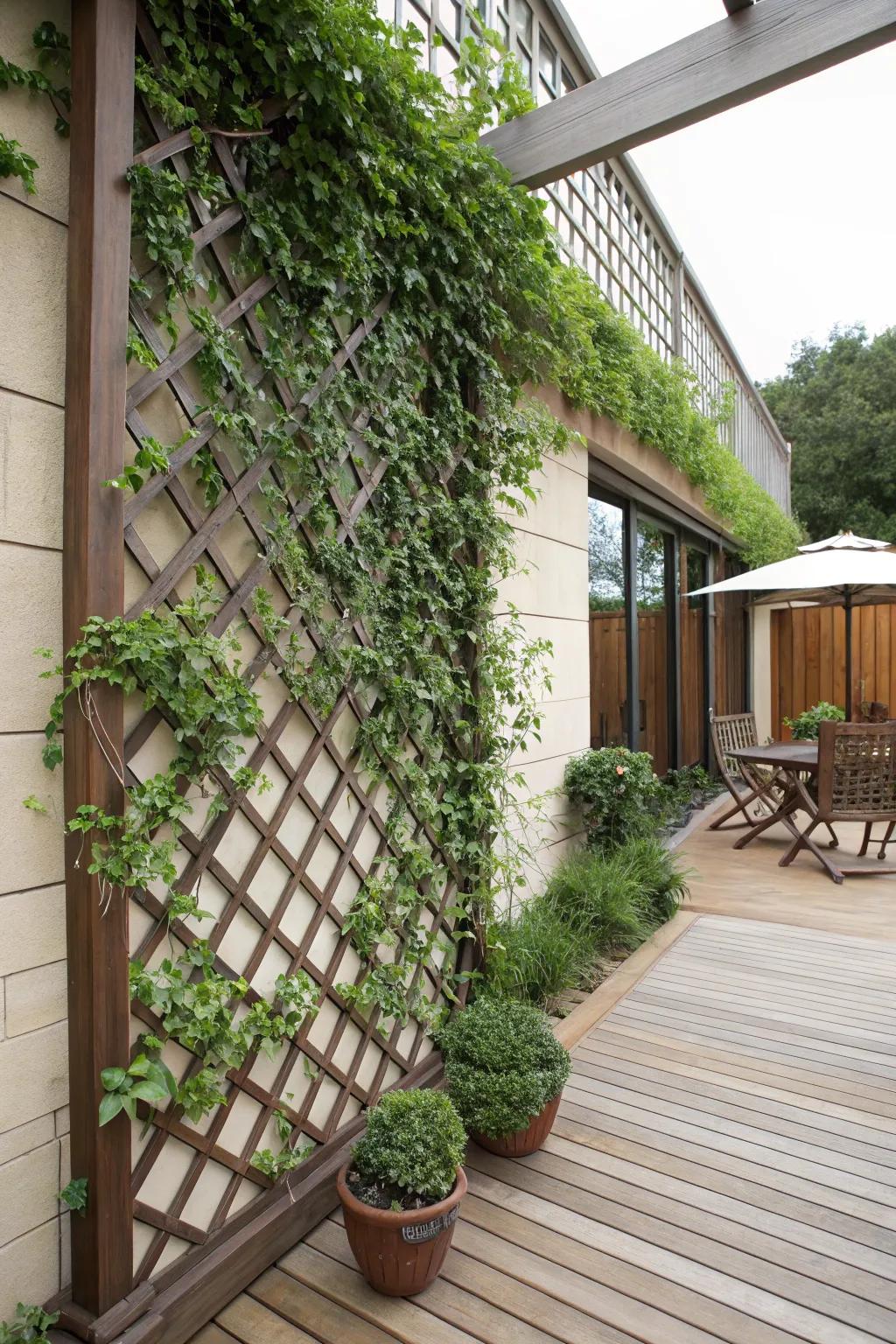 A decorative lattice turning a patio wall into a living artwork.