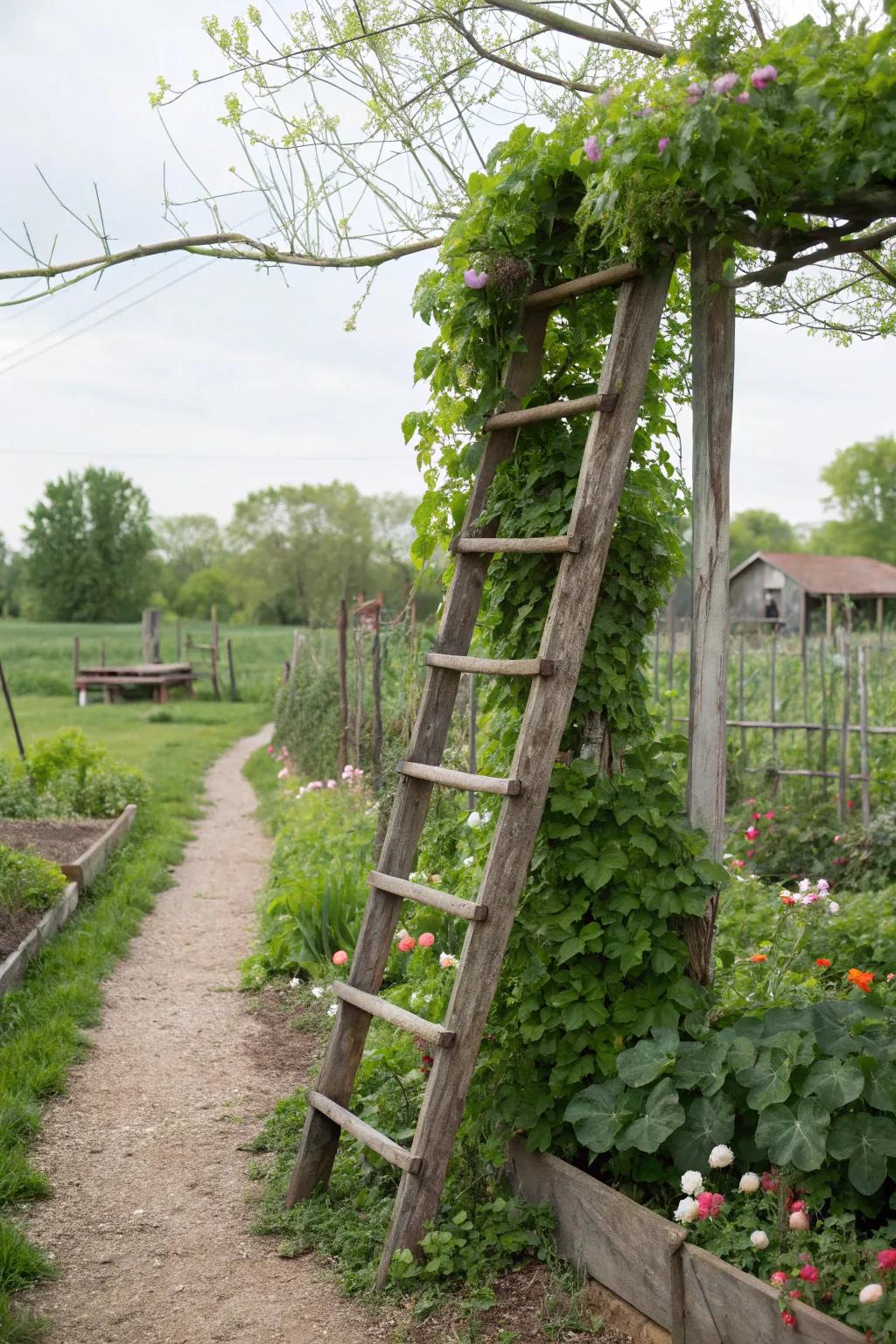 Recycled ladder creatively supporting climbing vines.