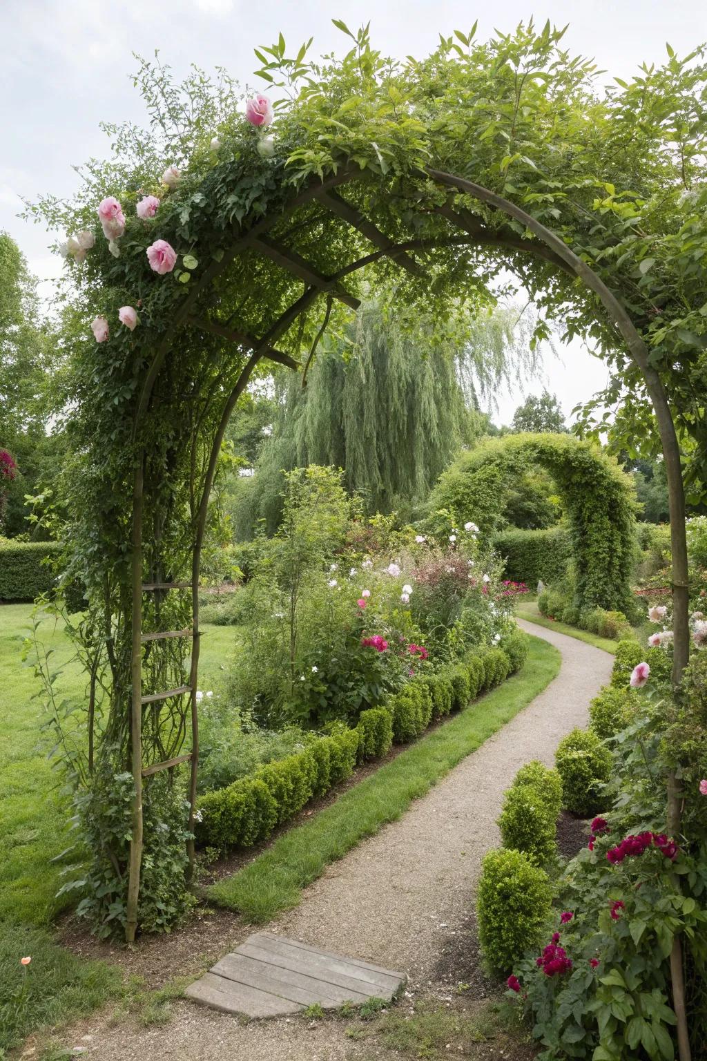 A living willow structure adding a unique touch to the garden.