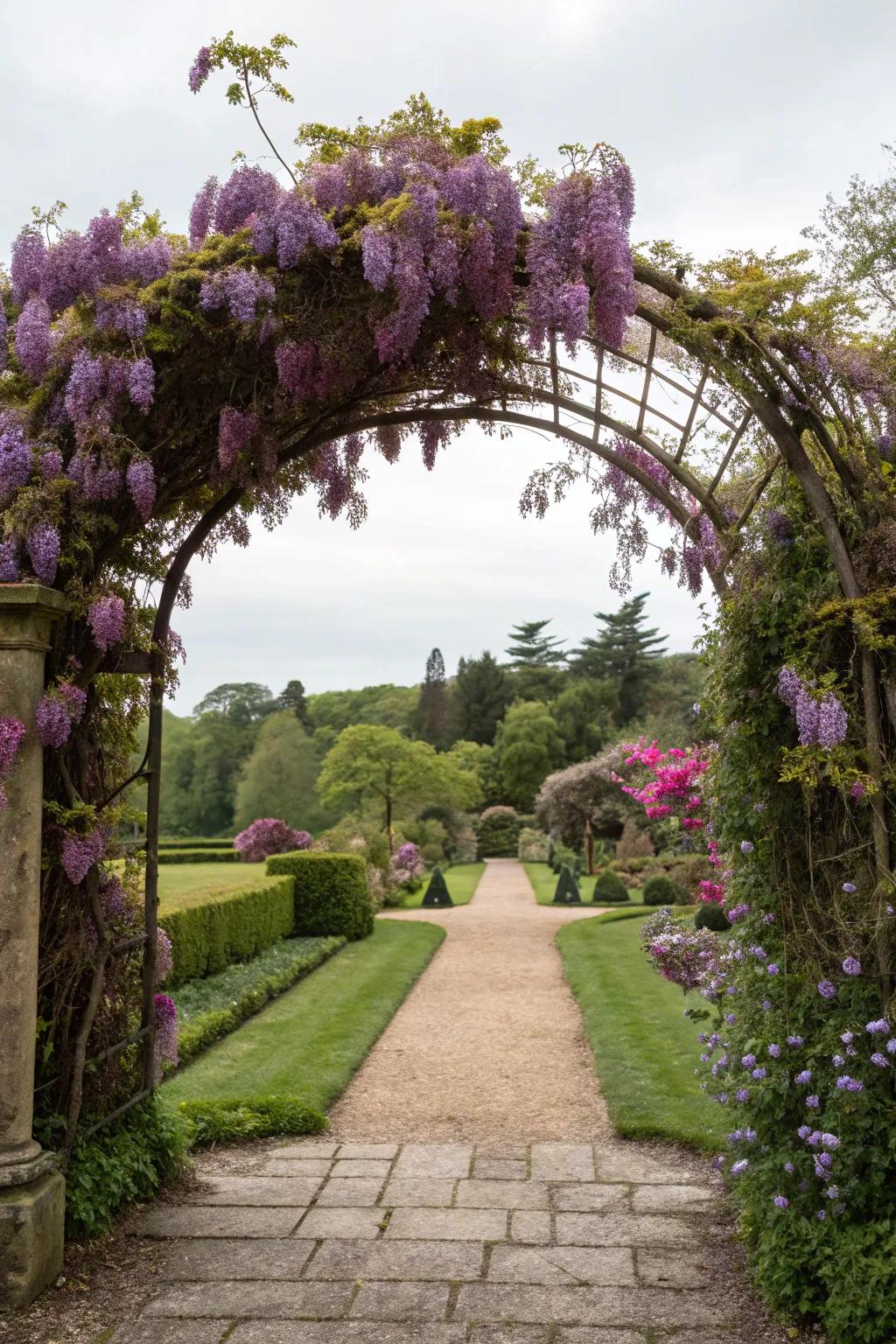 A romantic arch draped with fragrant wisteria creates a stunning entrance.
