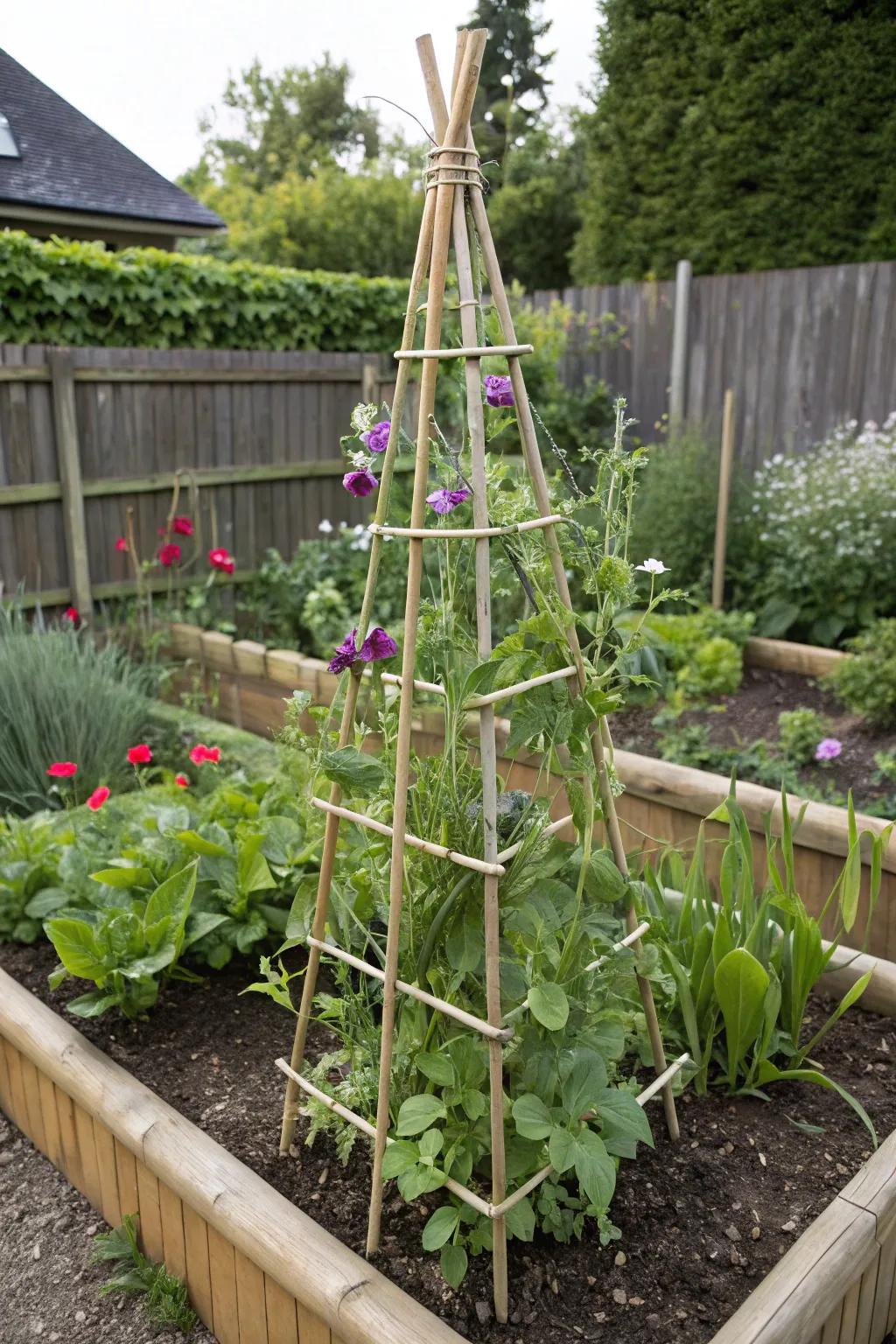 A DIY bamboo obelisk adorned with climbing sweet peas.