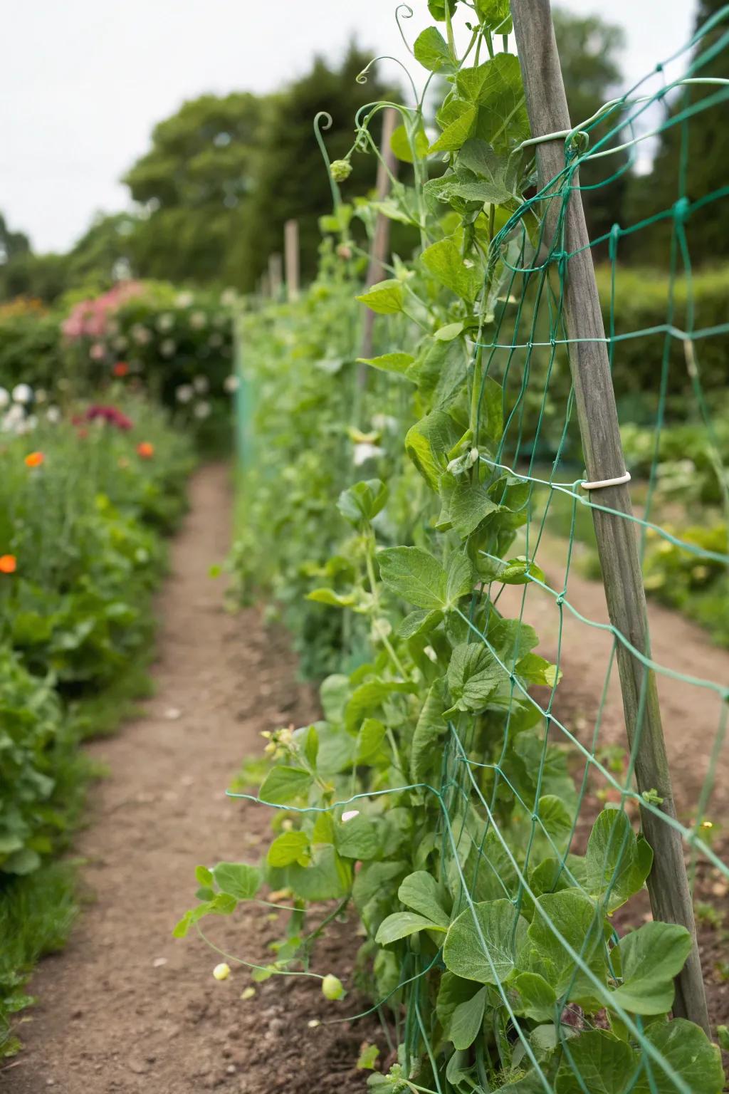 Simple twine and netting providing effective support for climbing peas.