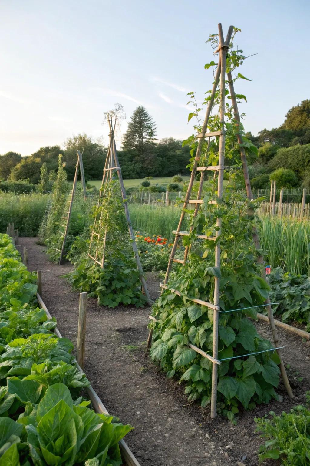 Freestanding plant trainers keeping climbing beans organized and supported.