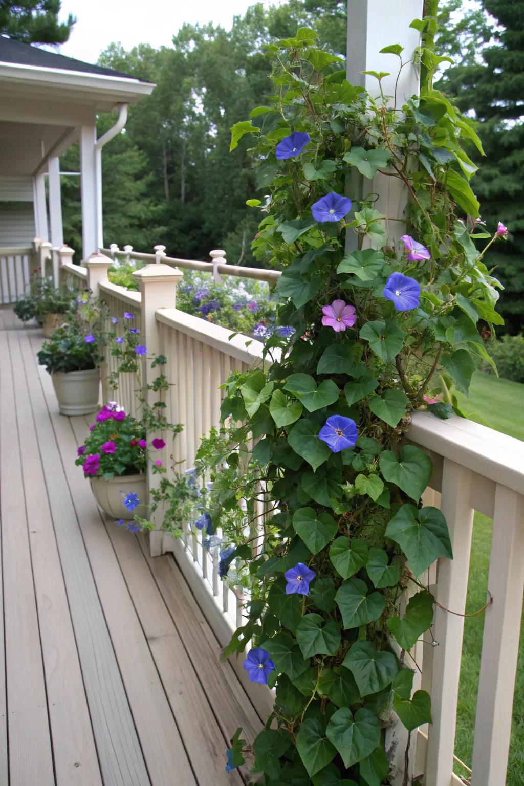Customizable railing providing versatile support for morning glories.