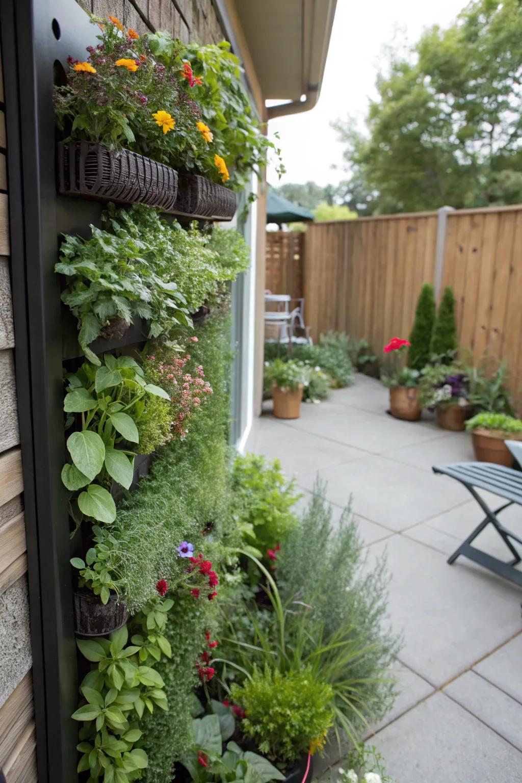 A vertical garden transforming a patio wall into a lush green space.