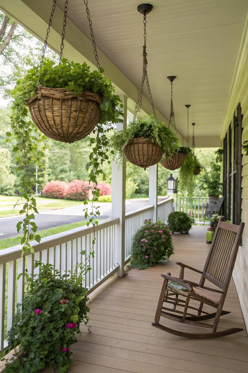Hanging wire baskets creating a vertical garden wonderland on the porch.