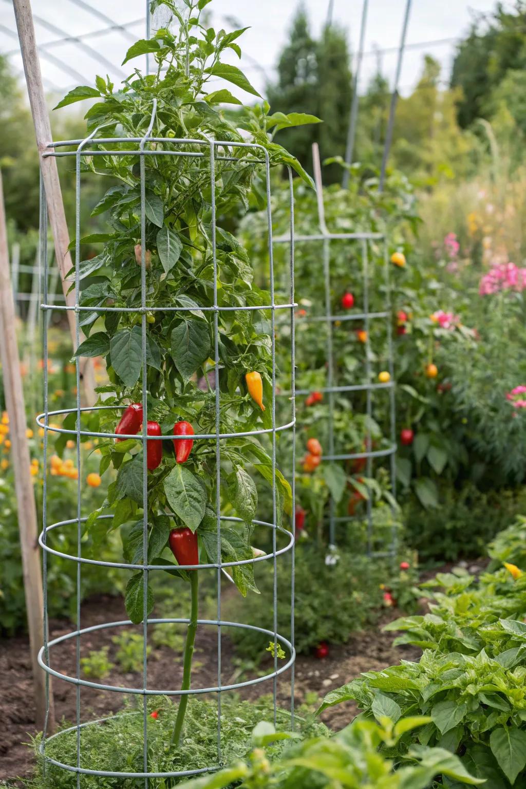 Wire cages providing sturdy support for pepper plants.