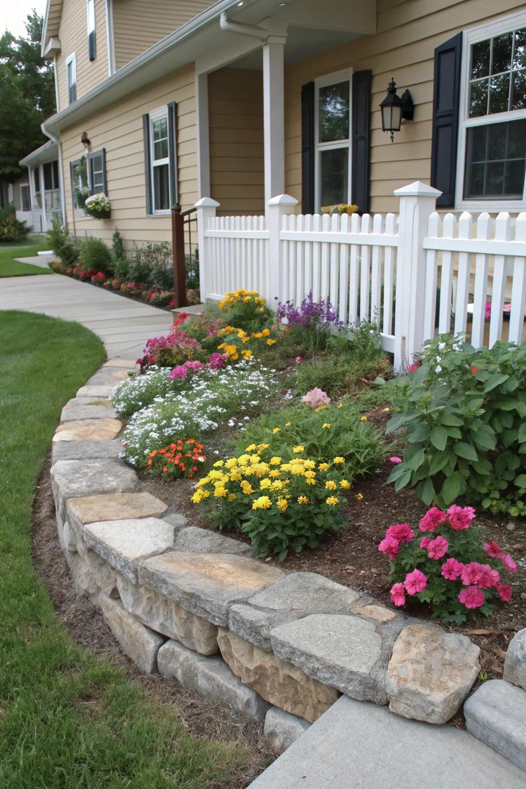 Stone borders create a clean and tidy appearance for flower beds.