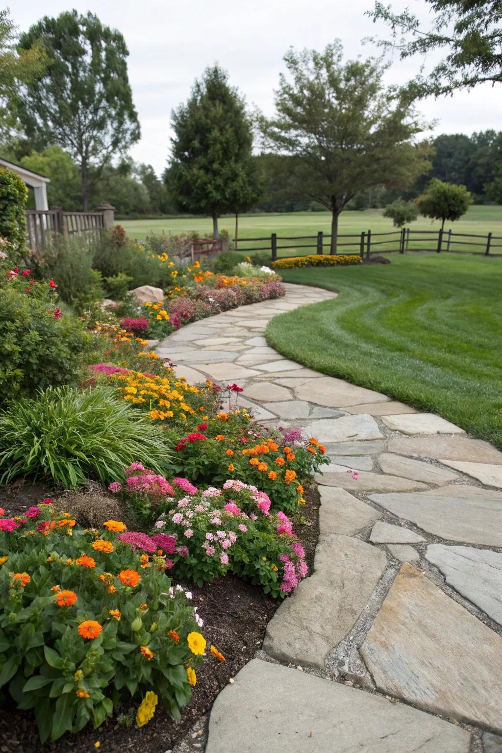 Pathways enhance accessibility and add charm to flower beds.