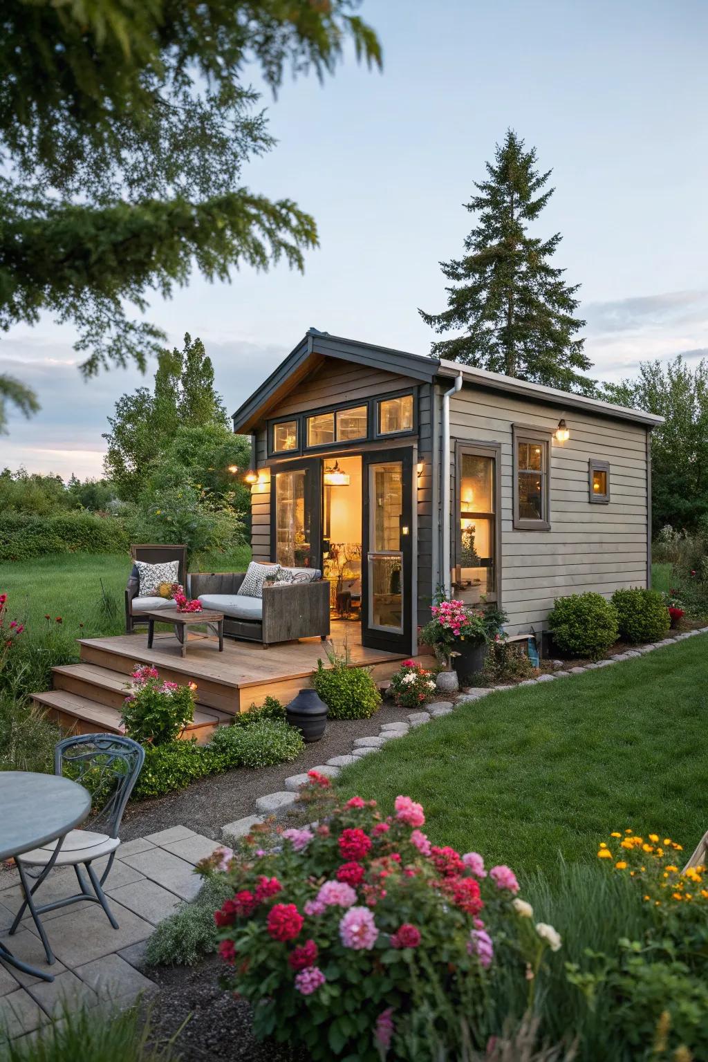 A tiny home with an inviting outdoor living space, perfect for relaxation.