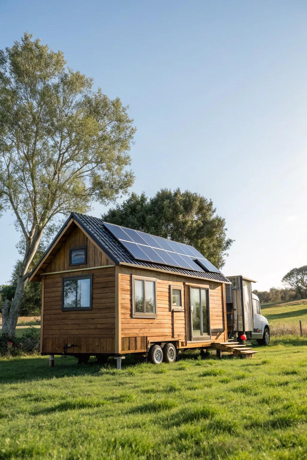 A tiny home equipped with solar panels, harnessing the sun's energy.