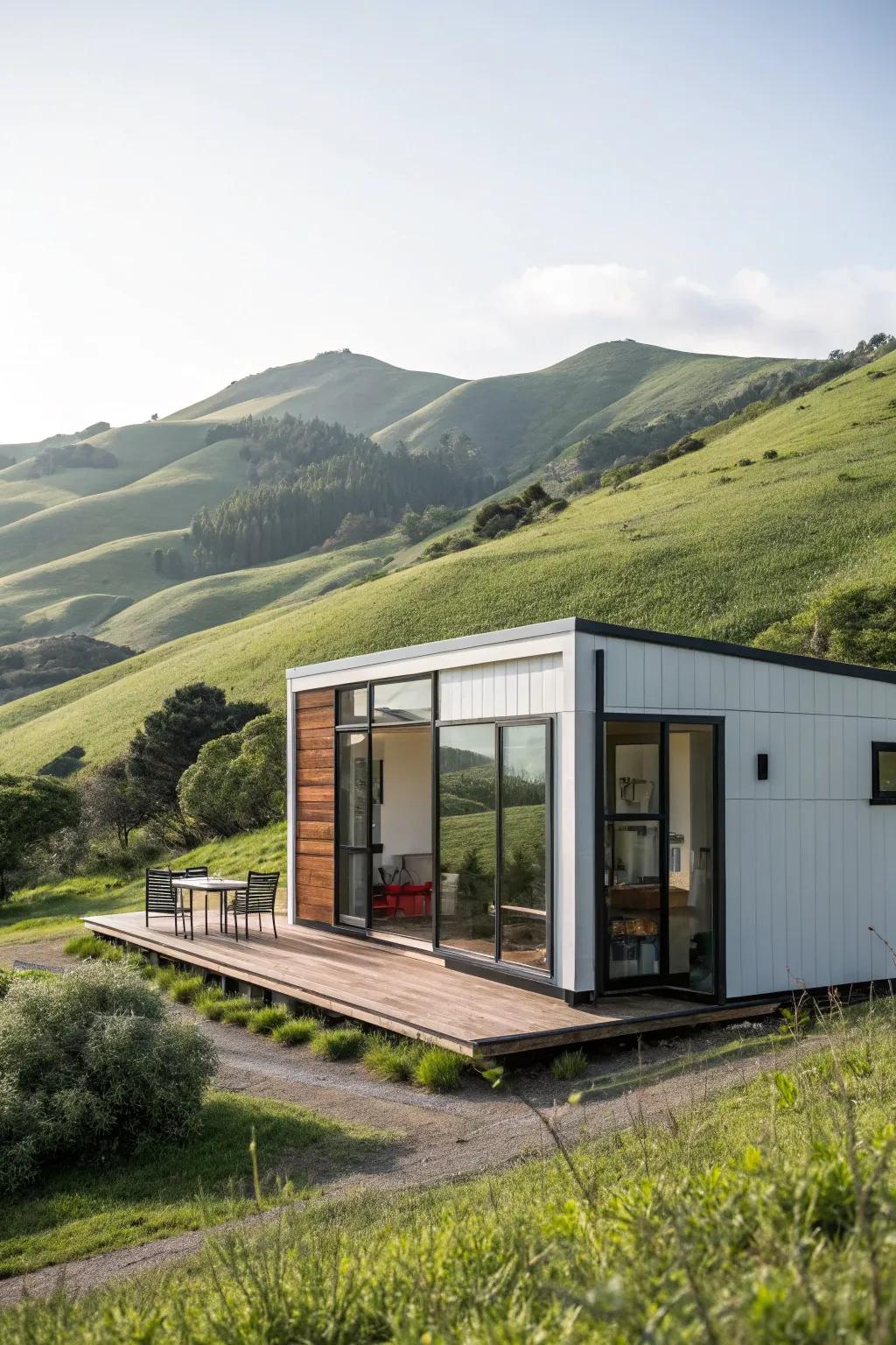 A tiny home with a modern minimalist exterior, harmoniously blending with its environment.