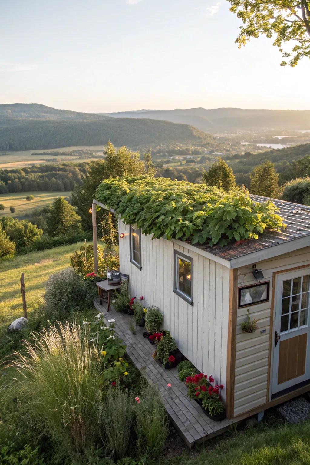 A tiny home with a vibrant rooftop garden, offering a touch of nature above.