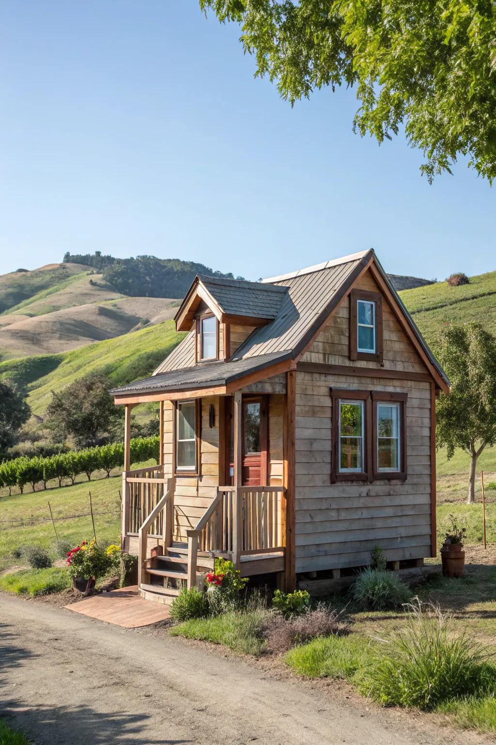 A tiny home crafted from reclaimed materials, showcasing sustainable living.
