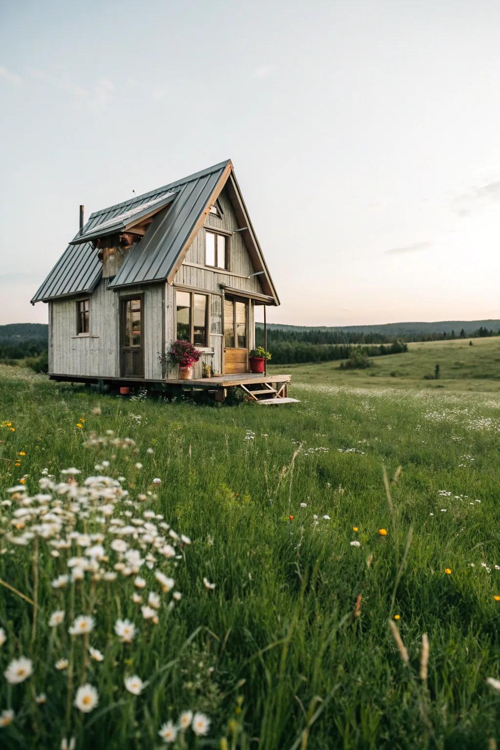 A tiny home with a distinctive gabled roof, adding architectural interest.