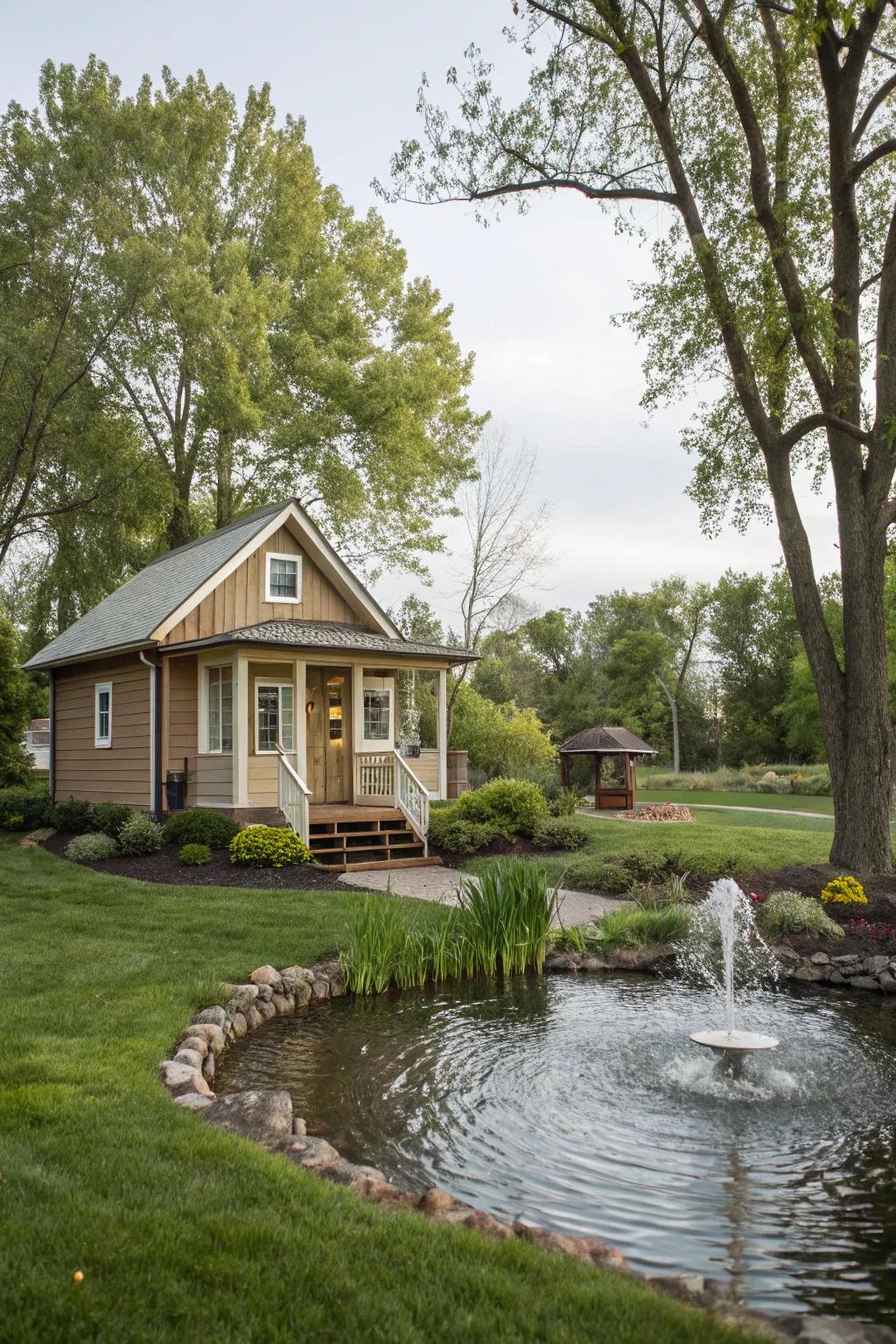 A tiny home with a calming water feature, enhancing the ambiance.