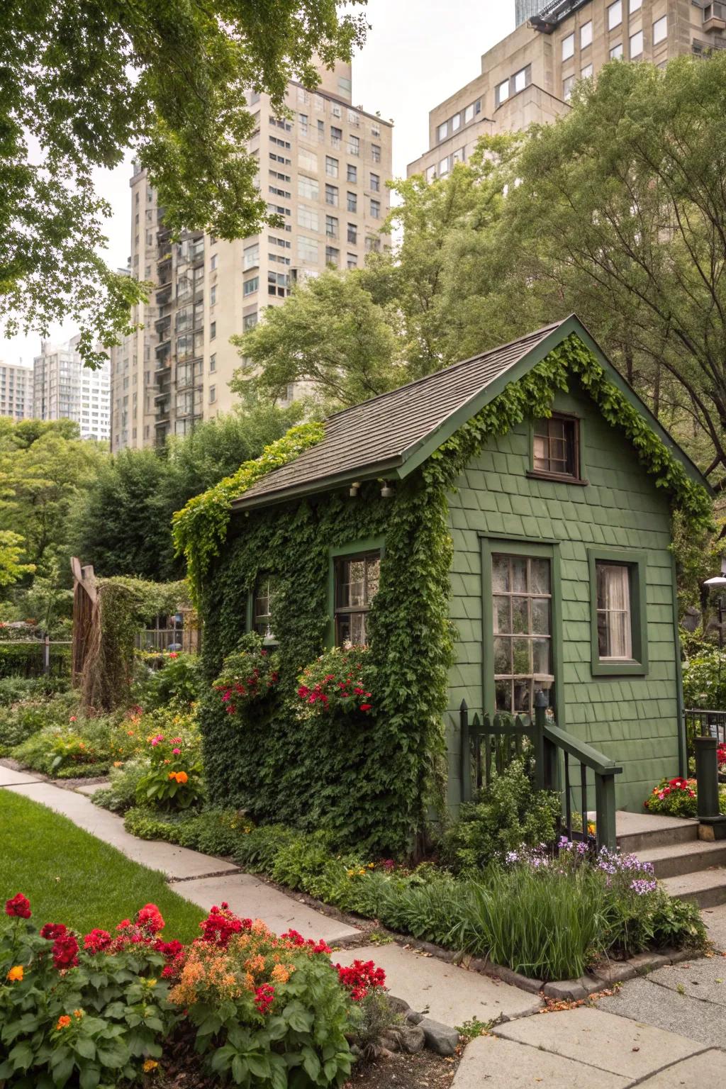A tiny home with a lush green facade, merging architecture with nature.