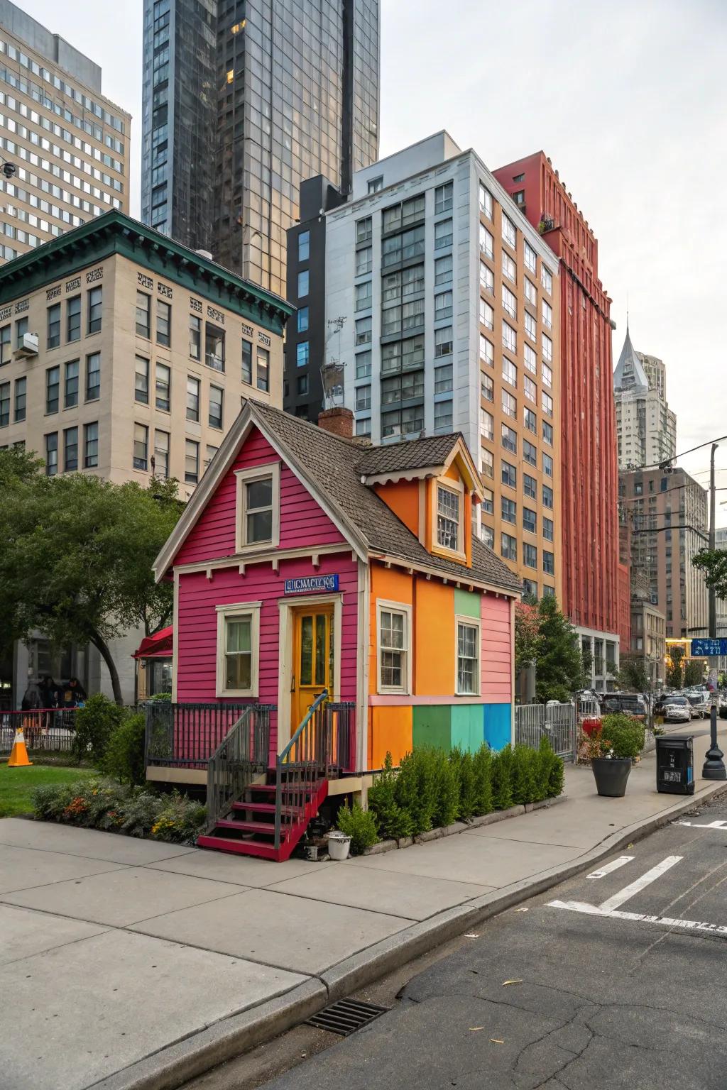 A tiny home with a bold exterior color, catching the eye of passersby.