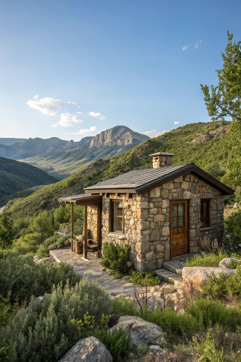 A tiny home featuring elegant natural stone elements.