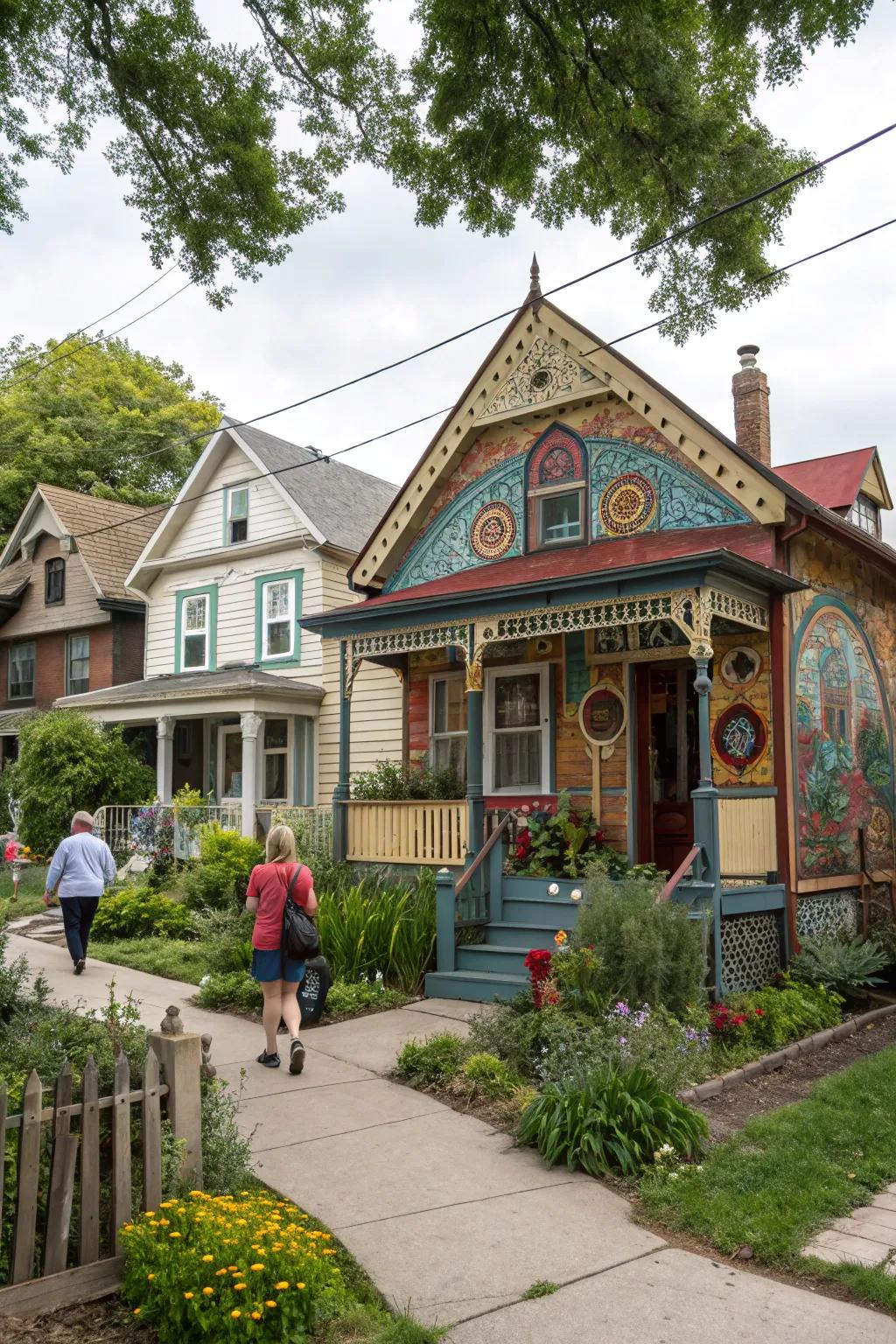 An artistic tiny home with custom exterior details.