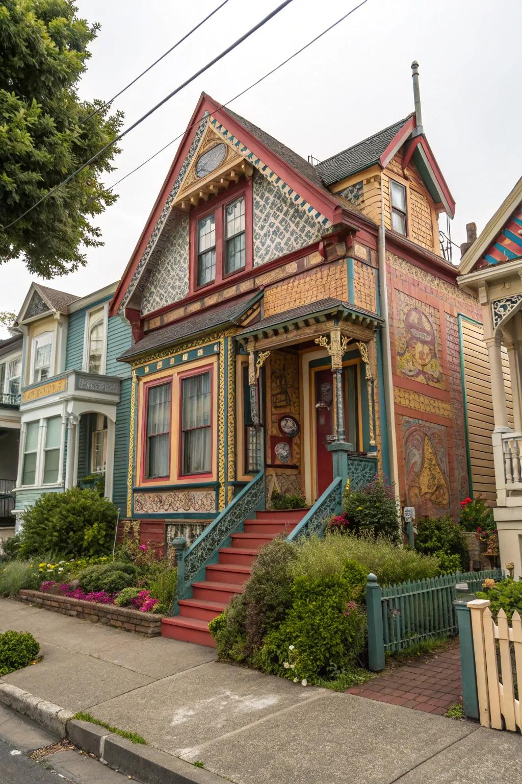 A colorful tiny home with textured finishes, creating a lively exterior.