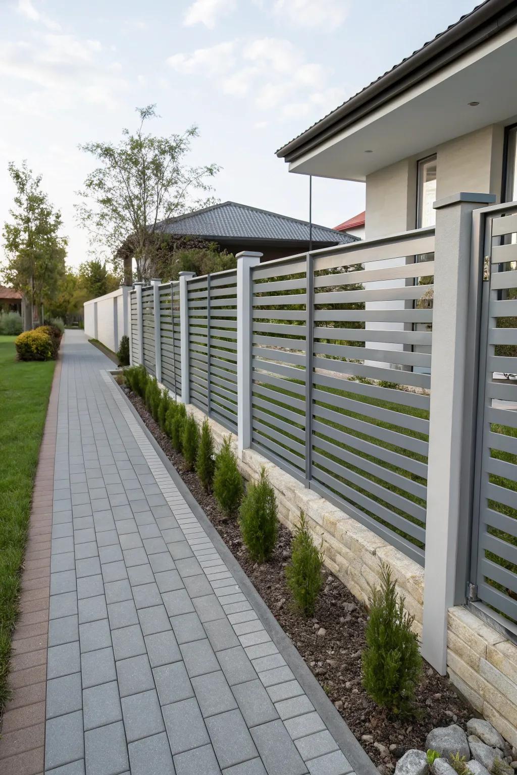 Horizontal slats offer a sleek and contemporary fence design.