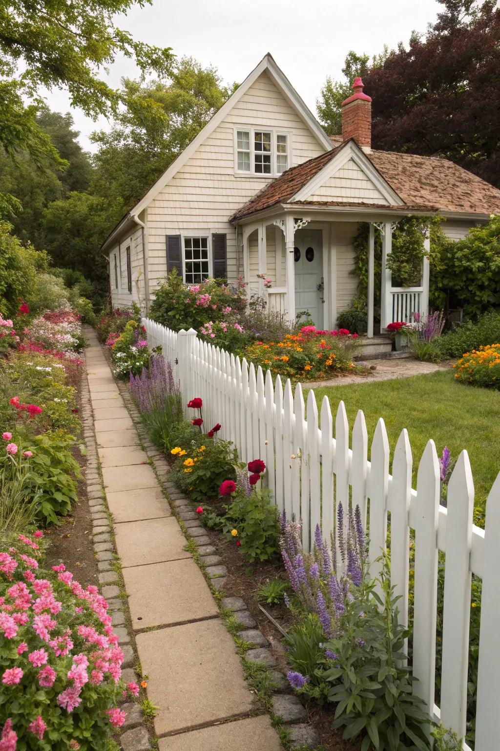 A white picket fence adds a charming, storybook feel to any home.