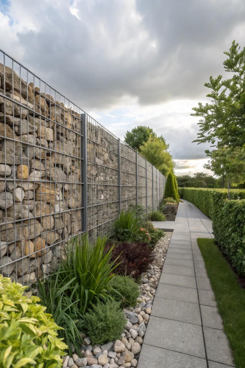 Gabion walls offer an industrial edge and noise reduction.